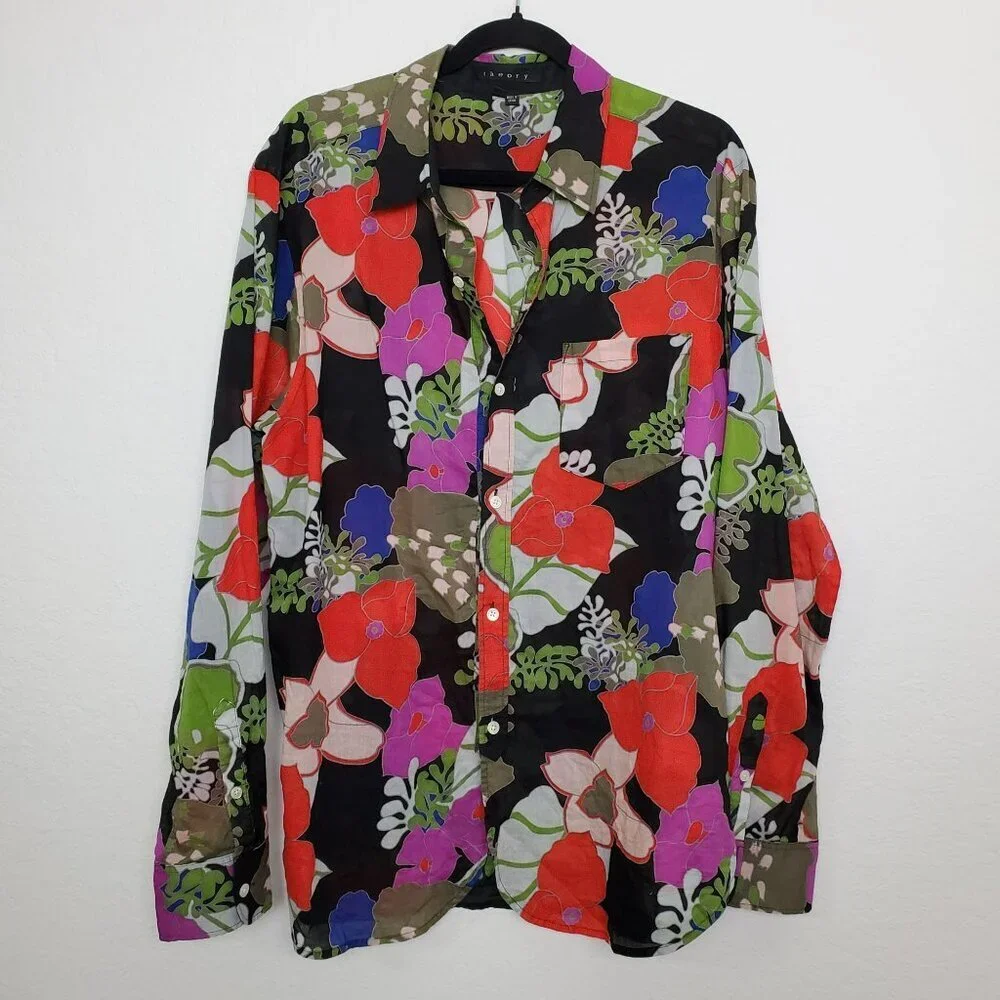 Theory Womens Button Front Shirt Size XL "Ned" Multicolor Lightweight Floral